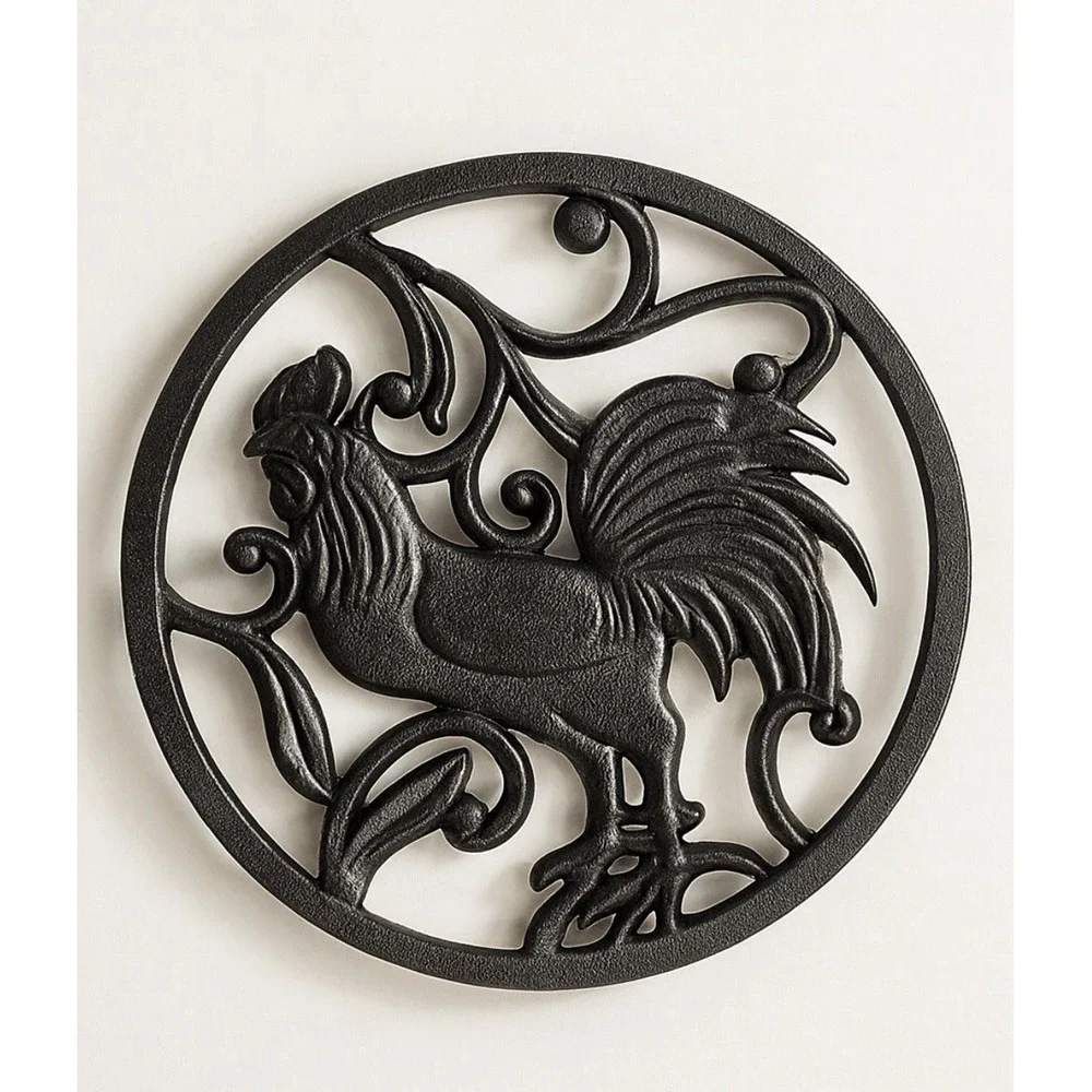 Rooster Trivet Black Cast Iron Scrollwork‎ Farmhouse 8 in Rustic Charming Decor